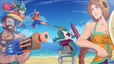 A vibrant HD desktop wallpaper featuring Ziggs, Lee Sin, Renekton, Leona, and Graves from League of Legends, set against a sunny beach background.