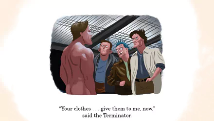 An animated scene from *The Terminator*, featuring the iconic line, “Your clothes… give them to me, now,” showcasing the characters against an industrial backdrop. HD desktop wallpaper.