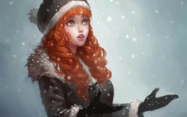 Artistic HD PC desktop wallpaper/background of a freckled red-haired woman in a fur-trimmed winter coat and hat, reaching out to catch delicate snowflakes in a gentle snowfall.