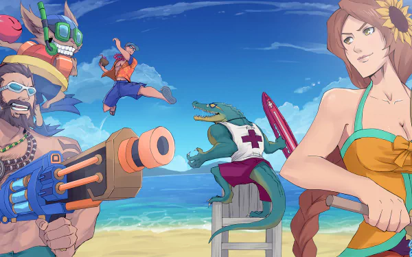 A vibrant HD desktop wallpaper featuring Ziggs, Lee Sin, Renekton, Leona, and Graves from League of Legends, set against a sunny beach background.