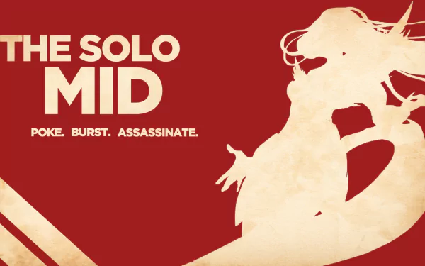HD PC desktop wallpaper of Diana from the video game League of Legends, a red-and-cream silhouette beside the title THE SOLO MID and the tagline Poke. Burst. Assassinate.