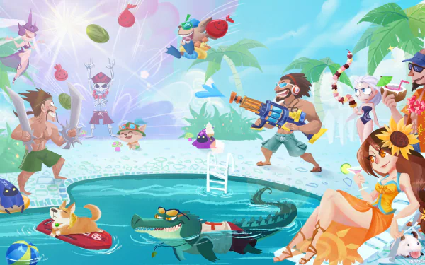 HD wallpaper of League of Legends characters Ziggs, Teemo, Syndra, Renekton, Leona, Lee Sin, Karthus, Graves, Draven, and Diana enjoying a fun, vibrant pool party atmosphere.