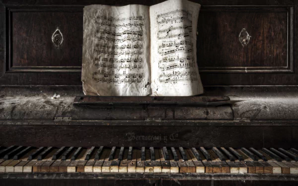 An antique piano with worn keys and dusty sheet music open on the stand, creating a nostalgic atmosphere. HD wallpaper showcasing music and artistry.