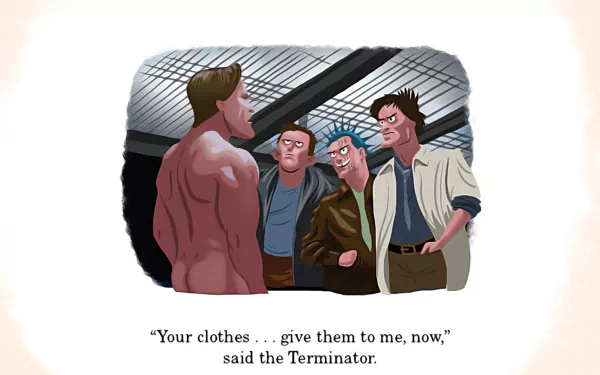 An animated scene from *The Terminator*, featuring the iconic line, “Your clothes… give them to me, now,” showcasing the characters against an industrial backdrop. HD desktop wallpaper.