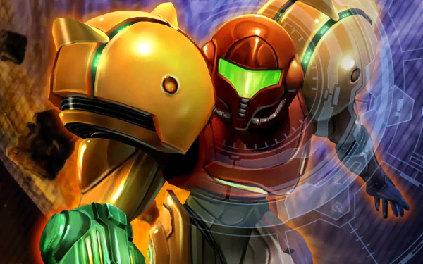 HD PC desktop wallpaper featuring Samus Aran from the Metroid video game series in her iconic power suit amidst a dynamic, sci-fi background.