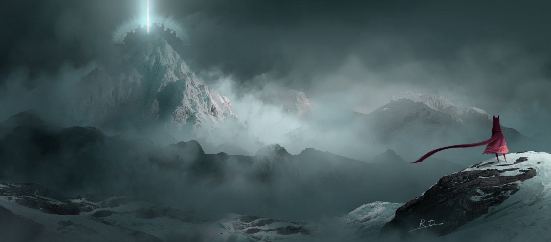 A stunning anime landscape featuring a dramatic mountain shrouded in mist, illuminated by a mysterious beam of light. This HD artwork serves as an eye-catching desktop wallpaper.