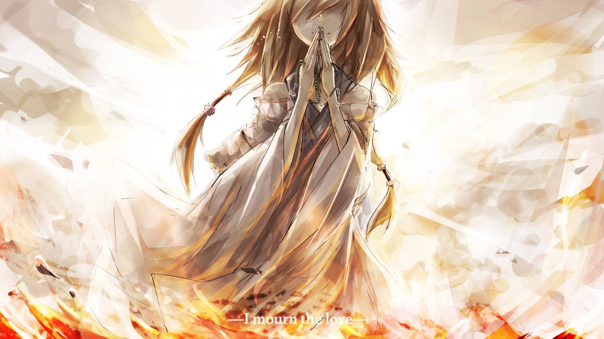 HD desktop wallpaper depicting an original anime character standing with hands clasped, surrounded by glowing light and warm colors. The image evokes a sense of serenity and strength.