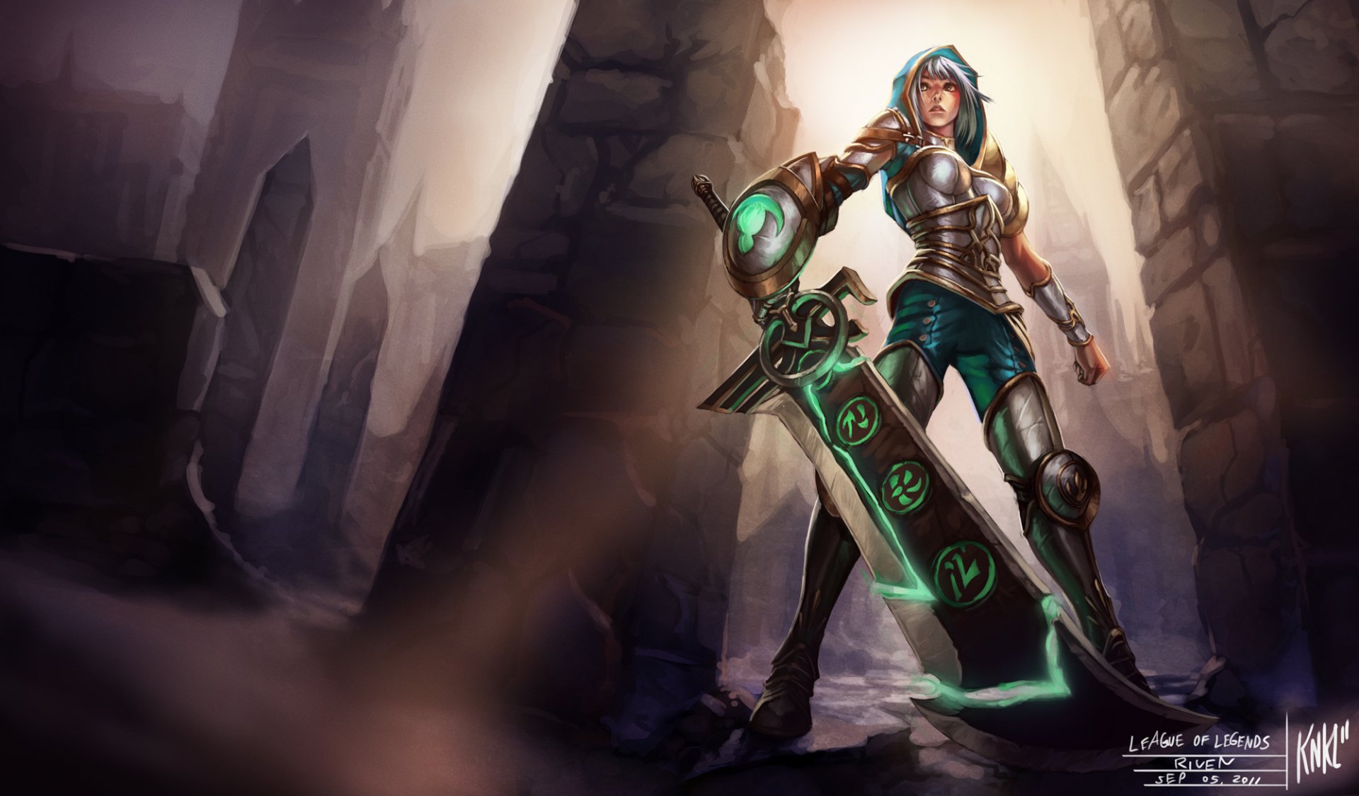Riven from League of Legends stands confidently in a mystical setting, wielding her iconic large sword. This HD wallpaper captures the game's vibrant art style and action spirit.