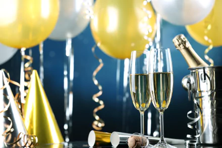4K Ultra HD New Year holiday desktop wallpaper featuring champagne glasses, gold and silver balloons, a party hat, and a champagne bottle in an ice bucket.