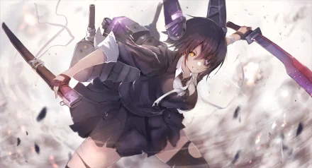 A dynamic HD wallpaper featuring Tenryuu from Kantai Collection, showcasing an anime character with an eye patch wielding swords amidst an action-packed background.