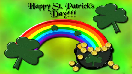 HD desktop wallpaper featuring a vibrant rainbow, pot of gold, and shamrocks with Happy St. Patrick's Day!!! text celebrating the St. Patrick's Day holiday.