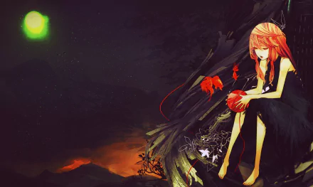 Inori Yuzuriha from the anime Guilty Crown sits contemplatively against a dark, atmospheric background, illuminated by a green moon and surrounded by foliage and subtle light effects.