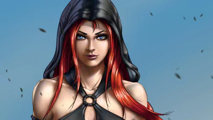 HD fantasy PC desktop wallpaper featuring a confident woman with striking red hair, piercing blue eyes, and a dark hooded outfit against a clear sky background.