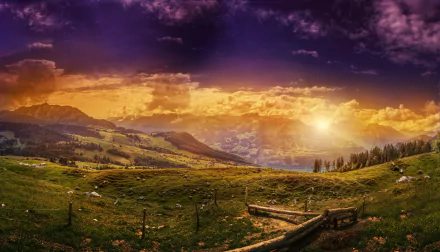 Sunset glow over a lush Swiss valley with dramatic clouds and vibrant sky, captured in stunning 8K Ultra HD landscape photography.