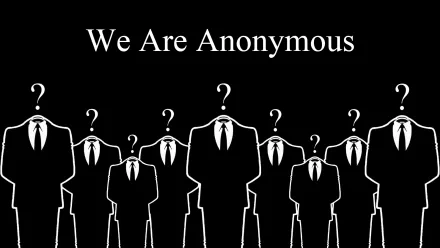 HD PC wallpaper: black background with white silhouetted suited figures whose heads are question marks under the bold text We Are Anonymous — technology-themed anonymous concept.