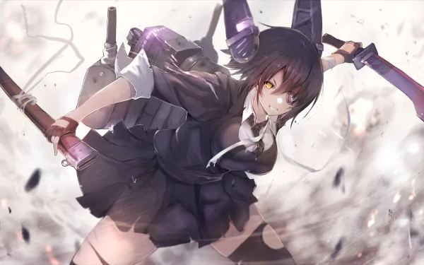 A dynamic HD wallpaper featuring Tenryuu from Kantai Collection, showcasing an anime character with an eye patch wielding swords amidst an action-packed background.