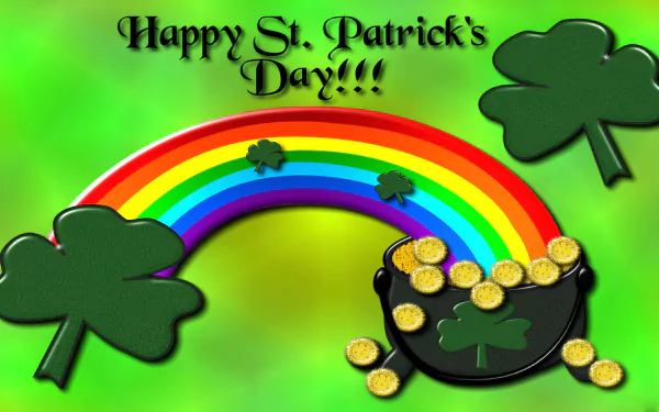 HD desktop wallpaper featuring a vibrant rainbow, pot of gold, and shamrocks with Happy St. Patrick's Day!!! text celebrating the St. Patrick's Day holiday.