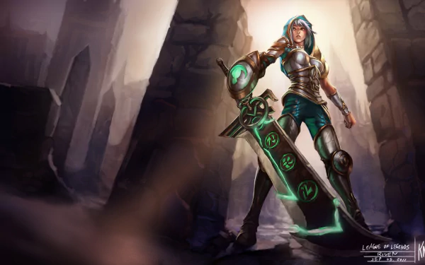 Riven from League of Legends stands confidently in a mystical setting, wielding her iconic large sword. This HD wallpaper captures the game's vibrant art style and action spirit.