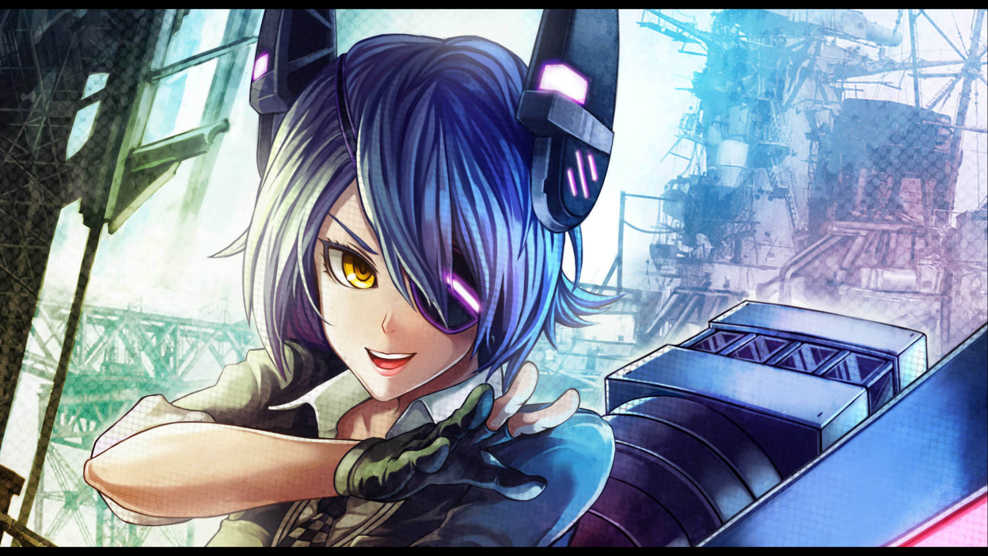 A dynamic HD wallpaper featuring Tenryuu from Kantai Collection, showcasing her with an eye patch, glove, and a confident expression, set against a vibrant industrial background.