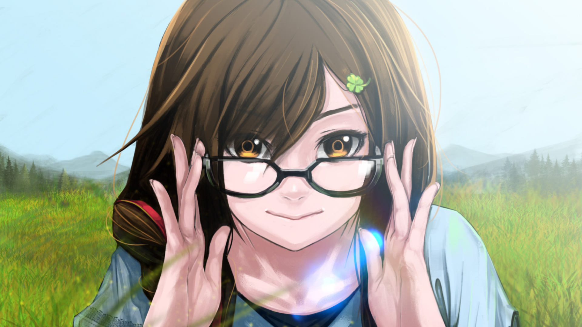 An anime girl with glasses smiles playfully, holding her frames in a vibrant green field, capturing the essence of youth and joy in this HD desktop wallpaper.