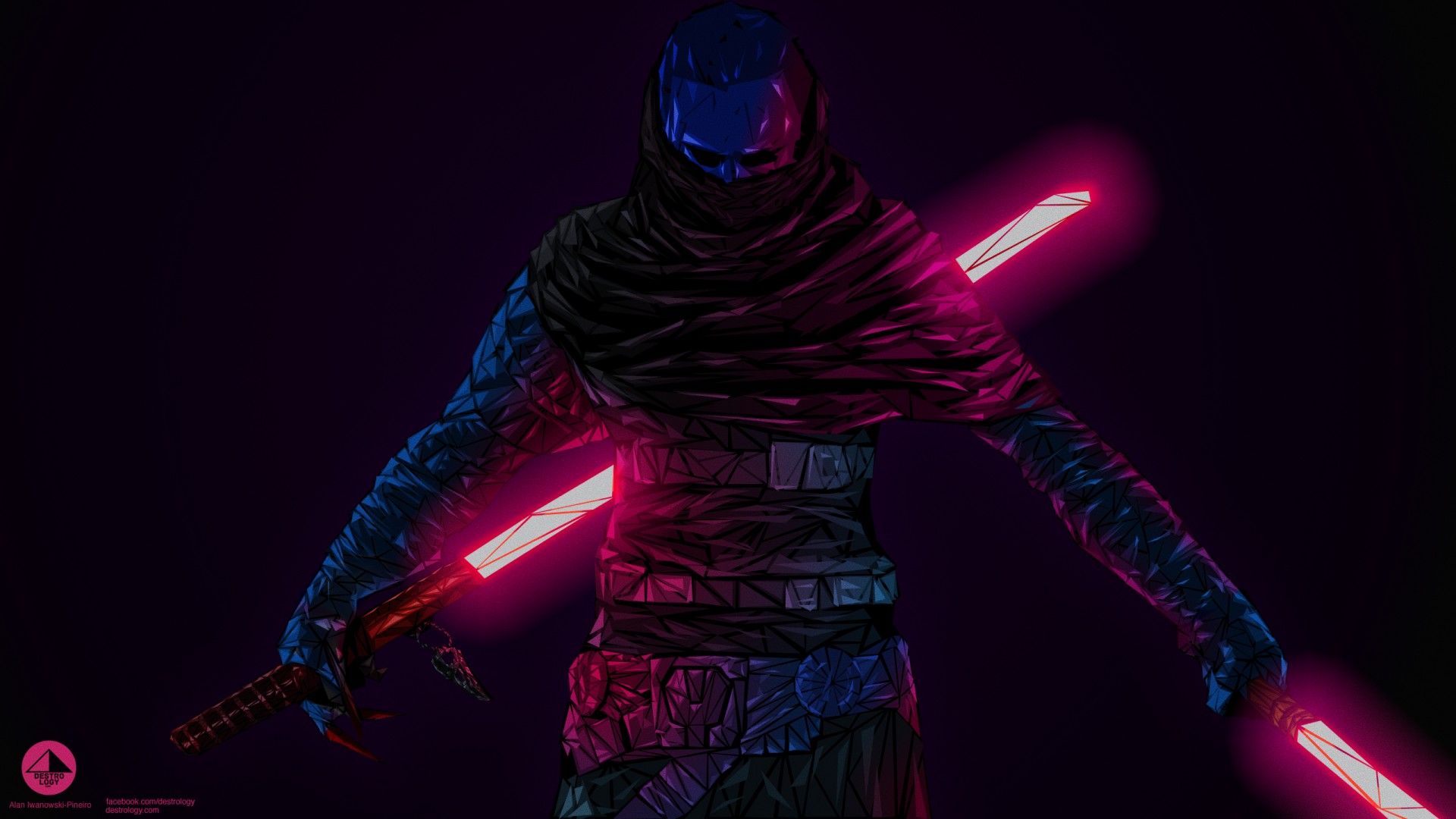 HD PC desktop wallpaper featuring a mysterious Star Wars character wielding two glowing red lightsabers against a dark, moody background.