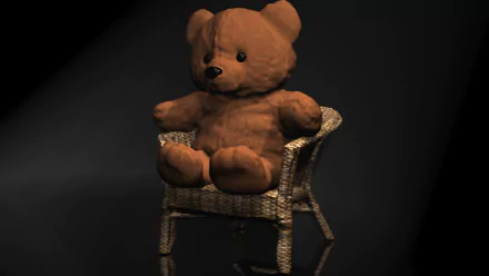 3D artistic HD PC desktop wallpaper featuring a cartoon-style teddy bear sitting on a woven chair against a dark background.