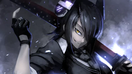 HD wallpaper of Tenryuu from Kantai Collection, featuring her in a black glove, holding a sword, and smiling enigmatically against a dramatic backdrop.