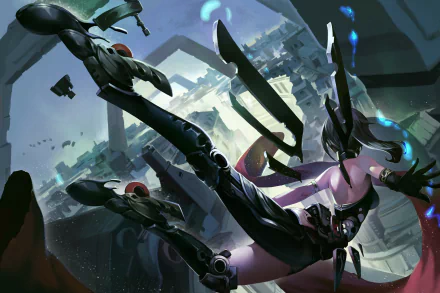 Anime-style original mecha with wings falling through a futuristic cityscape, rendered in high-definition for a dynamic PC desktop wallpaper.