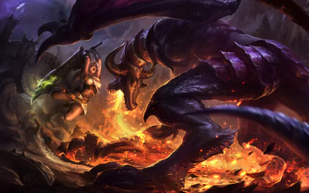 HD PC desktop wallpaper featuring Riven from League of Legends facing a fiery, monstrous creature in an intense video game battle scene.
