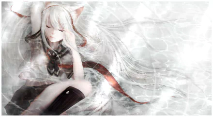 Anime-inspired image featuring a character in a school uniform with white hair, animal ears, and a tail, set against a dreamy, watery background. Suitable as a HD PC wallpaper.