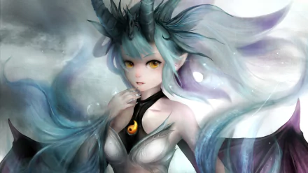 A striking anime character with blue hair, horns, and wings, inspired by Bahamut, set against a mystical background. This HD image serves as an eye-catching desktop wallpaper.