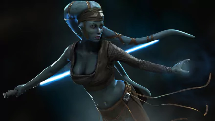 HD wallpaper of Aayla Secura, a Twi'lek Jedi from Star Wars, wielding a blue lightsaber. The sci-fi background enhances her dynamic pose.
