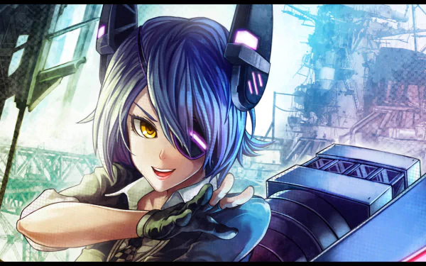 A dynamic HD wallpaper featuring Tenryuu from Kantai Collection, showcasing her with an eye patch, glove, and a confident expression, set against a vibrant industrial background.