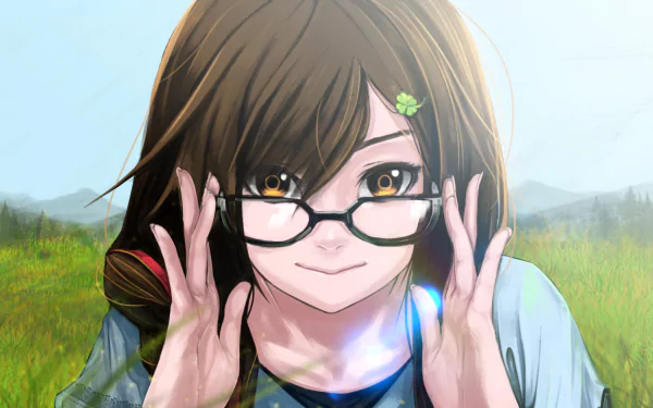 An anime girl with glasses smiles playfully, holding her frames in a vibrant green field, capturing the essence of youth and joy in this HD desktop wallpaper.