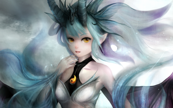 Anime Original Bahamut Wings Blue Hair Horns HD Wallpaper | Background Image