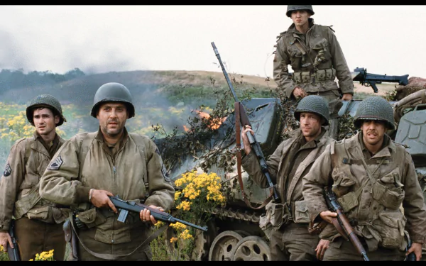 A group of soldiers stands together with weapons, set against a backdrop of war-torn scenery, evoking the intense atmosphere of the movie Saving Private Ryan. HD desktop wallpaper.