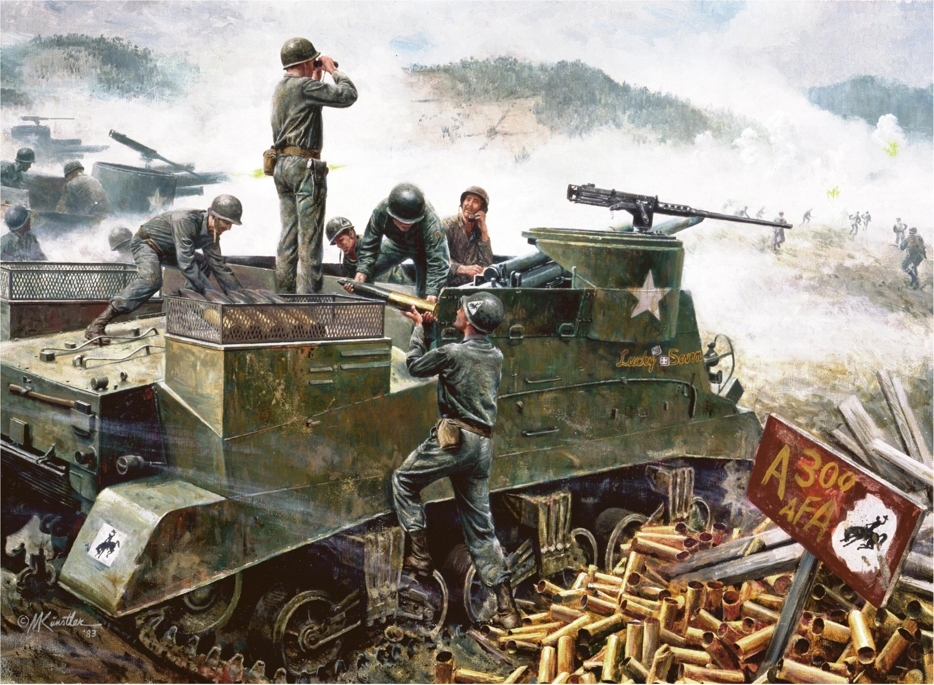 2K Quad HD PC desktop wallpaper/background: Korean War military scene — US soldiers manning a half-track with a mounted machine gun, stacked ammunition, tanks and smoke across a hilly battlefield.