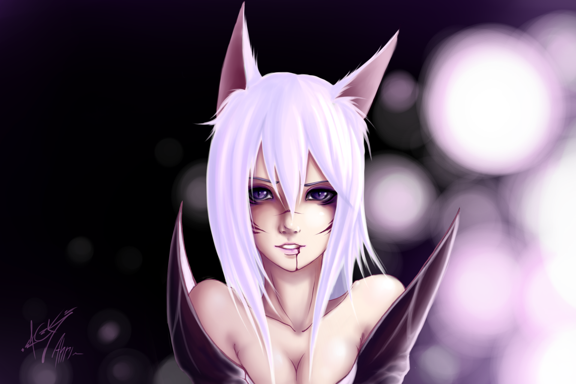 HD desktop wallpaper of Ahri from League of Legends, featuring white hair, purple eyes, and animal ears against a bokeh background.