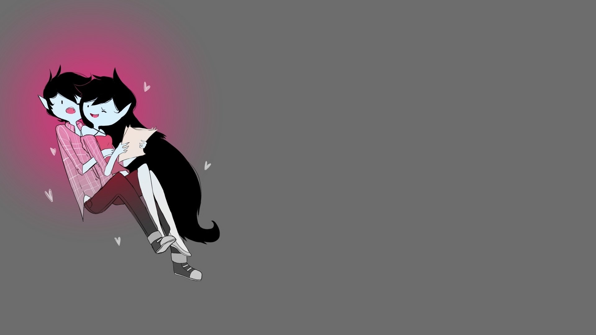An artistic HD wallpaper featuring two characters embracing, surrounded by hearts, capturing a sense of love and affection against a muted background.