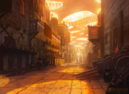 A detailed, man-made fantasy city street bathed in warm light, inspired by Magic: The Gathering, rendered as an HD PC desktop wallpaper and background.