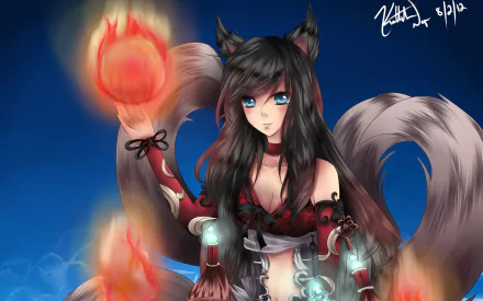 HD desktop wallpaper featuring Ahri, a character from League of Legends, tagged with Vastaya and Ahri (League of Legends). The character is depicted with glowing red orbs and fox-like attributes.