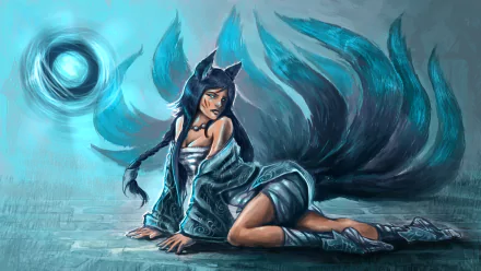 4K Ultra HD desktop wallpaper of Ahri from League of Legends, featuring the nine-tailed fox in a dynamic pose with glowing blue energy orbs.
