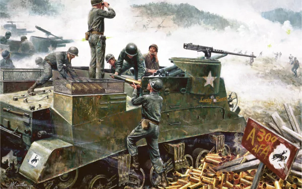 2K Quad HD PC desktop wallpaper/background: Korean War military scene — US soldiers manning a half-track with a mounted machine gun, stacked ammunition, tanks and smoke across a hilly battlefield.