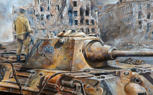 HD PC desktop wallpaper featuring a detailed military tank amidst a war-torn urban battlefield with a soldier standing nearby.
