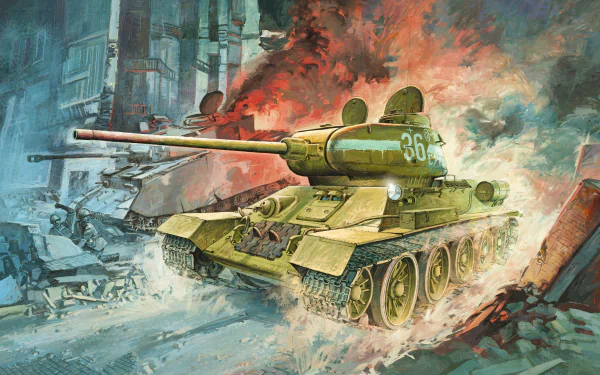 4K Ultra HD military wallpaper depicting a T-34 tank advancing through a fiery urban battlefield with smoke and destruction in the background.