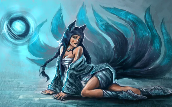 4K Ultra HD desktop wallpaper of Ahri from League of Legends, featuring the nine-tailed fox in a dynamic pose with glowing blue energy orbs.