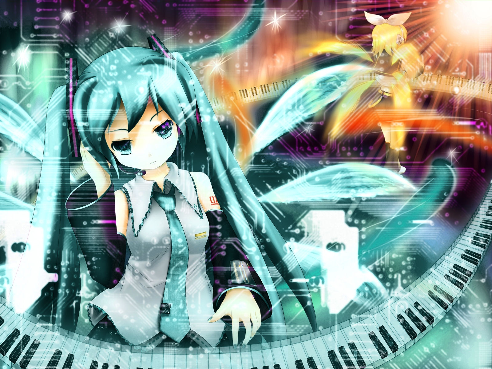 Hatsune Miku and Rin Kagamine playing piano in vibrant HD wallpaper.