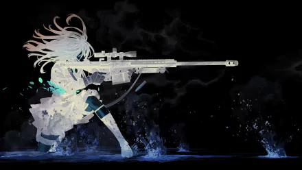 HD desktop wallpaper featuring an anime-style character wielding a Barrett .50 caliber sniper rifle, set against a dynamic, splashy, black background.
