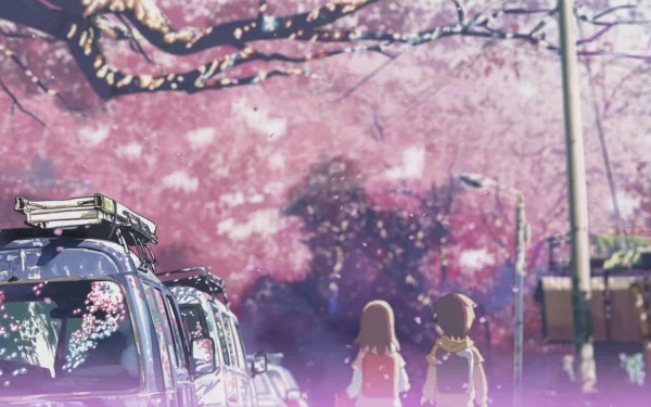 A serene HD wallpaper from 5 Centimeters per Second, featuring Akari Shinohara and Takaki Touno walking under blooming cherry blossoms.
