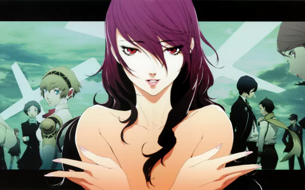 HD PC desktop wallpaper featuring Makoto Yuki, Yukari Takeba, Junpei Iori, Akihiko Sanada, Aigis, Fuuka Yamagishi, and Mitsuru Kirijo from the video game Persona 3.